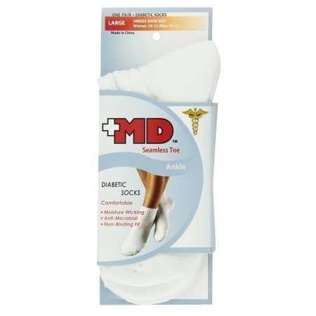 Plus MD Diabetic Socks - ANKLE - Seamless Toe - White  - 1 Pair