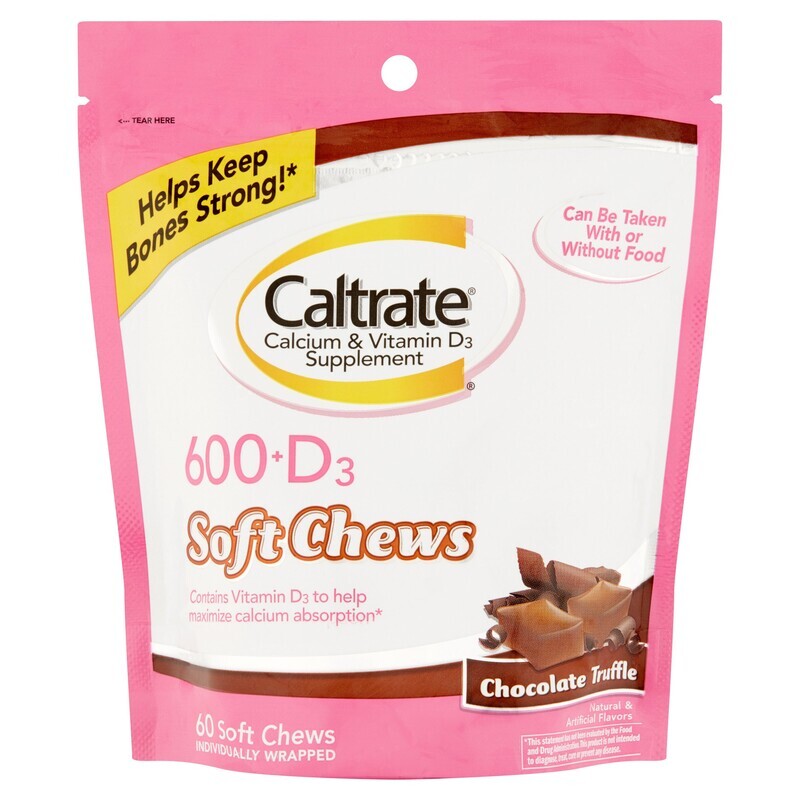 Caltrate Calcium 600 Plus Vitamin D3 Soft Chews _ Chocolate Truffle 60ct