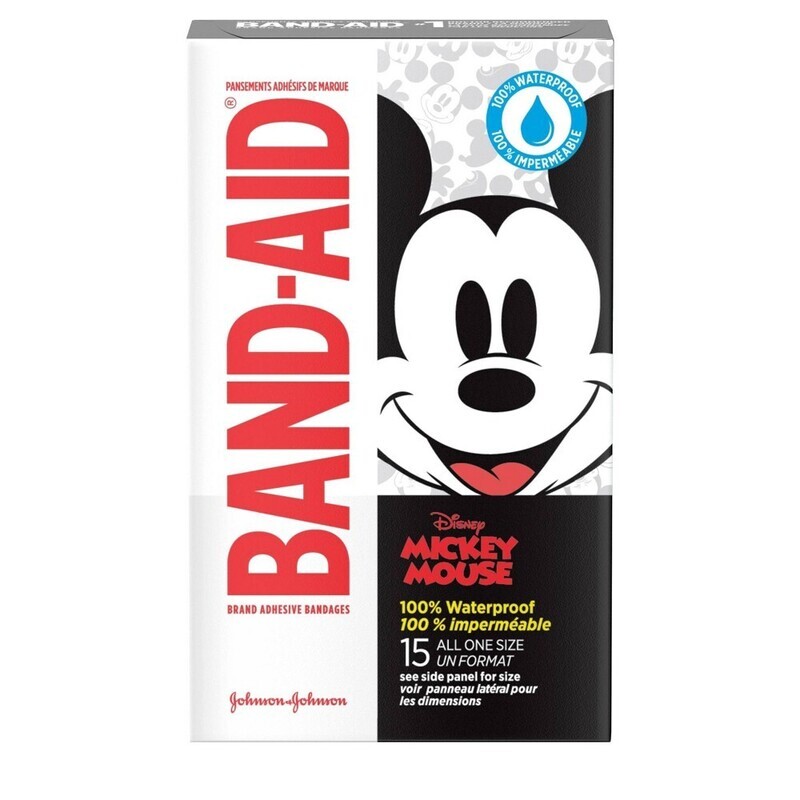 Band-Aid 100% Waterproof Brand Adhesive Bandages Mickey Mouse All One Size 3/4 in x 2 1/3 in 15 ct