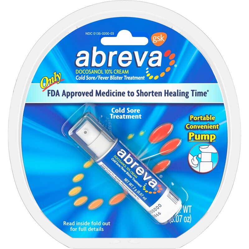 Abreva Docosanol 10% Cream Cold Sore/Fever Blister Treatment Portable Convenient Pump 2 g