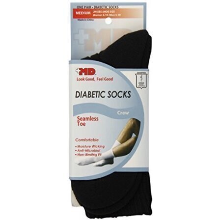 Plus MD Diabetic Socks - CREW - Seamless Comfort - Medium - Black - 1 Pair