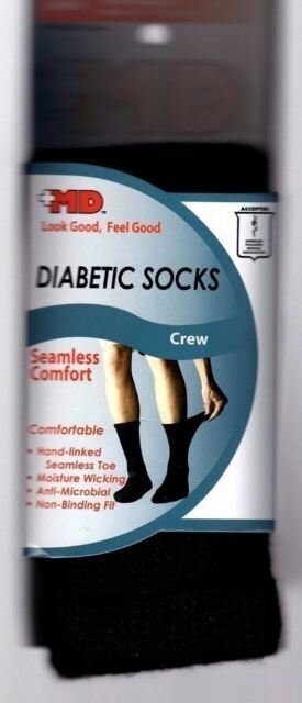 Plus MD Diabetic Socks - CREW - Seamless Comfort - Large - Black - 1 Pair