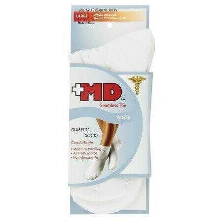 Plus MD Diabetic Socks - ANKLE - Seamless Toe - Large - White  - 1 Pair