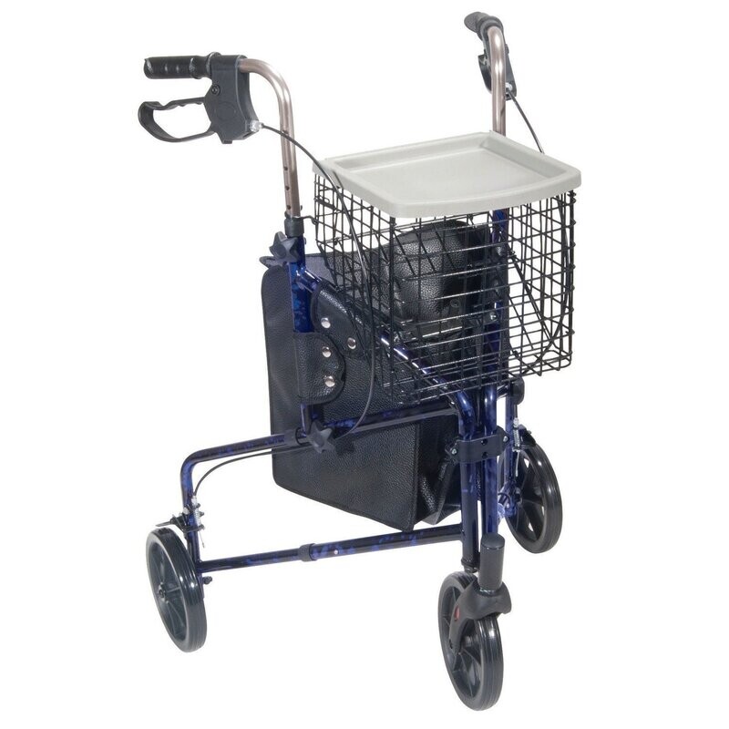 Drive Medical 3 Wheel Walker Rollator with Basket Tray and Pouch (Flame Blue)