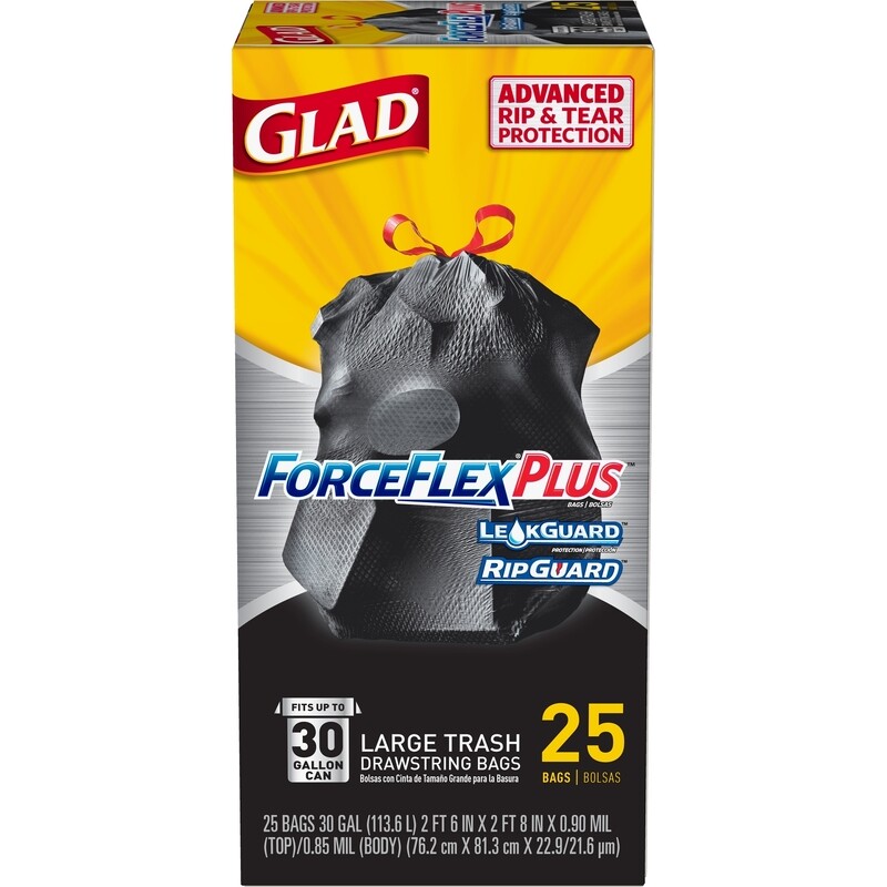 Glad Force Flex Stretchable Strength Rip Protection 30 Gallon Large Drawstring Trash Bags 25ct