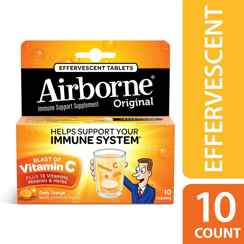 Airborne Immune Support Supplement Zesty Orange Effervescent Tablets 10 ct