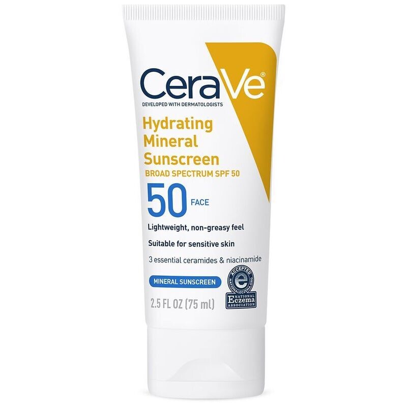 CeraVe Hydrating Mineral Face Sunscreen SPF 50 Suitable for Sensitive Skin 2.5 fl oz