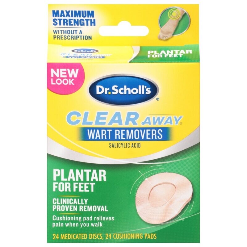 Dr. Scholl’s Maximum Strength Clear Away Wart Removers Plantar for Feet 24 Medicated Discs, 24 Cushioning Pads