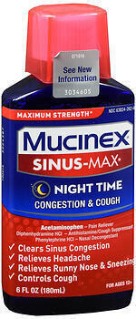 Mucinex Sinus-Max Maximum Strength Congestion & Cough Liquid Night Time 6OZ