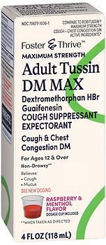 Foster & Thrive Adult Tussin DM Max Dextromethorphan HBr Guaifenesin Liquid Raspberry & Menthol