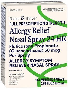 Foster & Thrive Allergy Relief Nasal Spray 24 HR Fluticasone Propionate (Glucocorticoid) 50 mcg Per Spray. 144 metered sprays