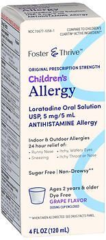 Foster & Thrive Children's Allergy Loratadine Oral Solution USP, 5 mg/5 mL Grape