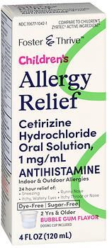 Foster & Thrive Children's Allergy Relief Cetirizine HCl Oral Solution, 1 mg/mL Bubble Gum 4fl oz