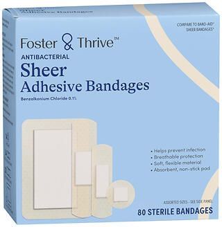 Foster & Thrive Antibacterial Sheer Adhesive Bandages Benzalkonium Chloride 0.1% Assorted Sizes