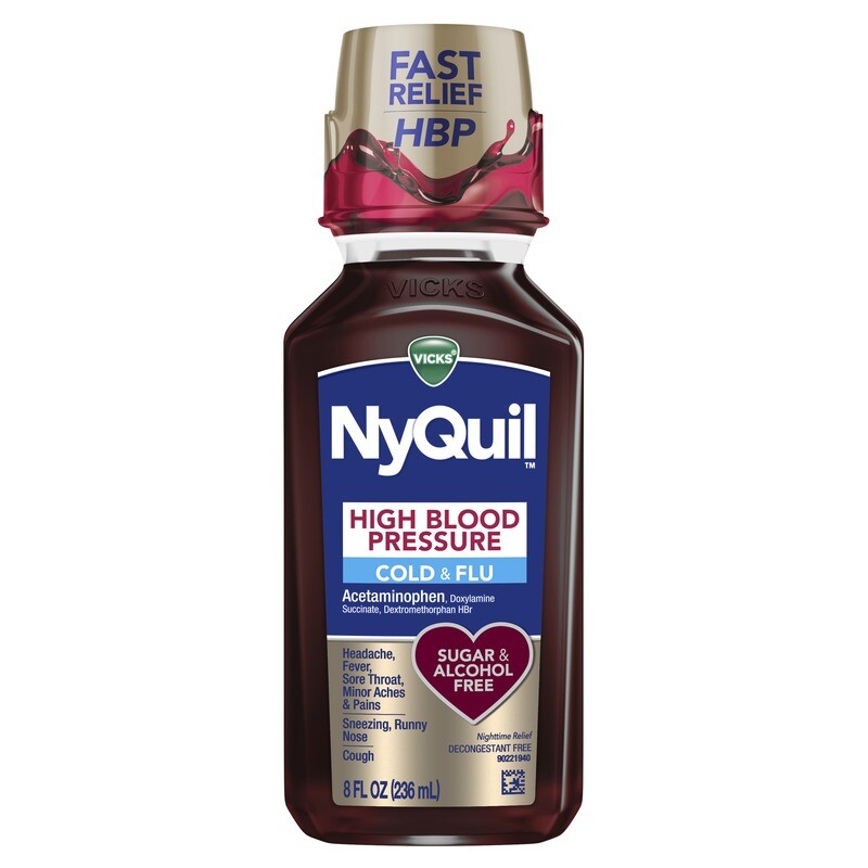 NyQuil High Blood Pressure Cold and Flu Sugar and Alcohol Free 8 fl oz NyQuil High Blood Pressure Cold and Flu Sugar and Alcohol Free 8 fl oz