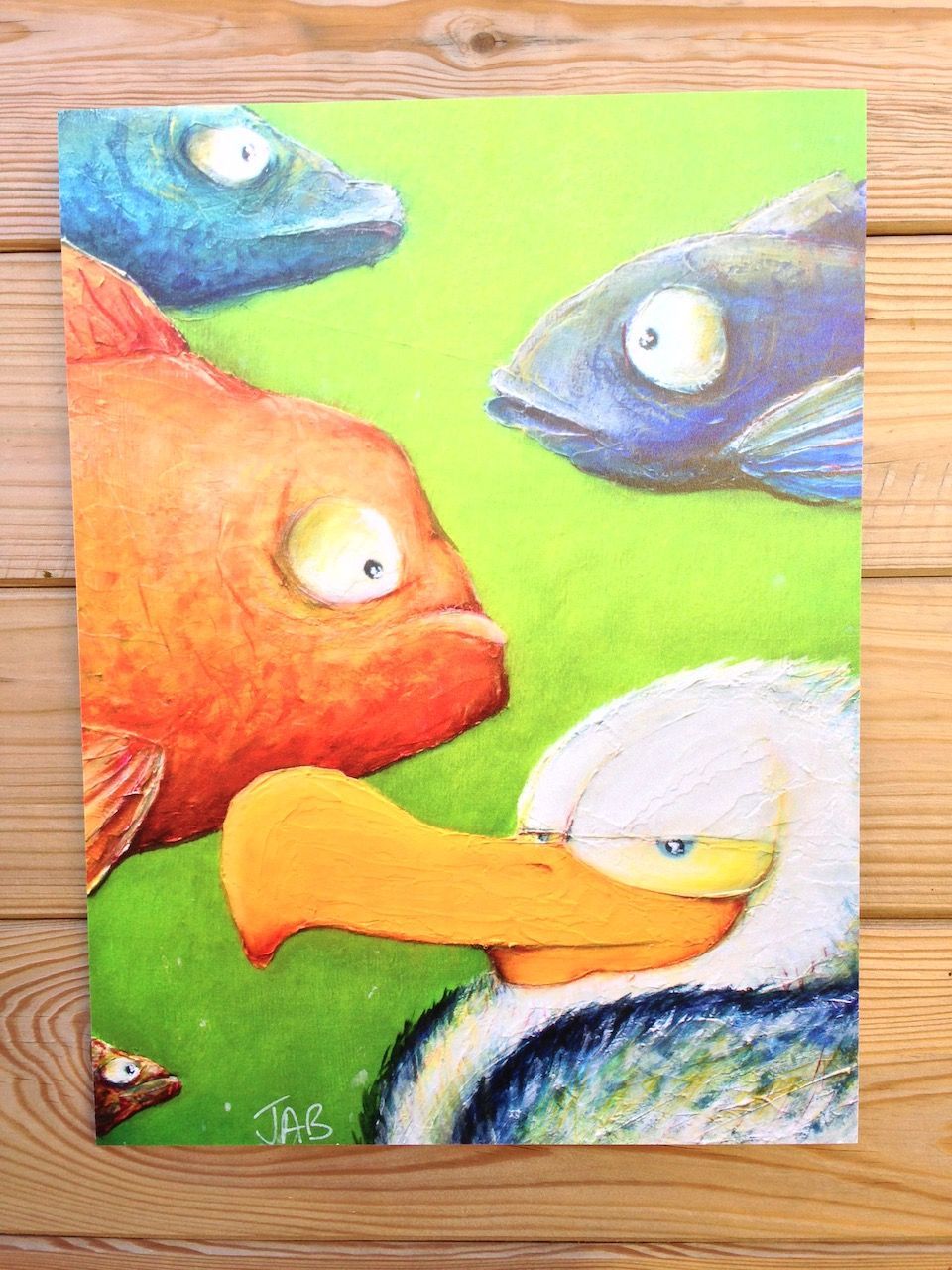 "Goéland et 4 poissons n°1 "  - panneau 30x40 cm