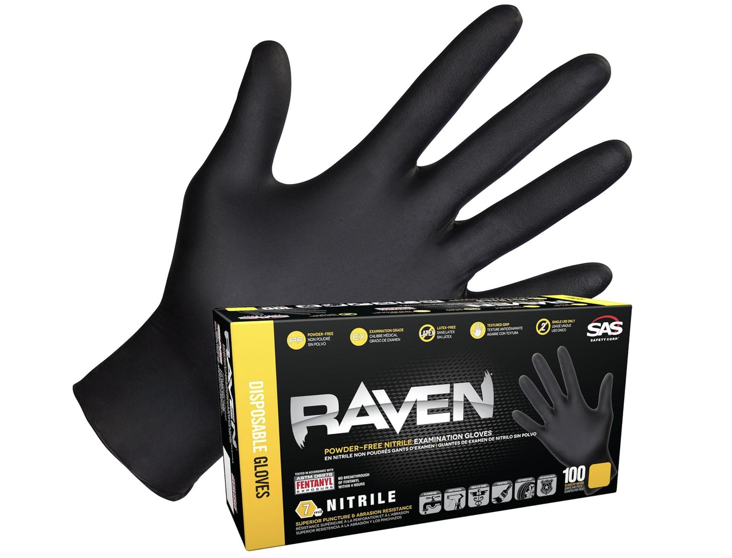 Raven 7-Mil Nitrile Black Disposable Gloves - 100/Box, Size: Small