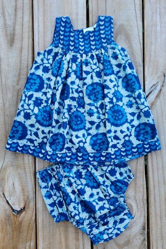 girl&#39;s indigo floral dress&amp;bloomer set