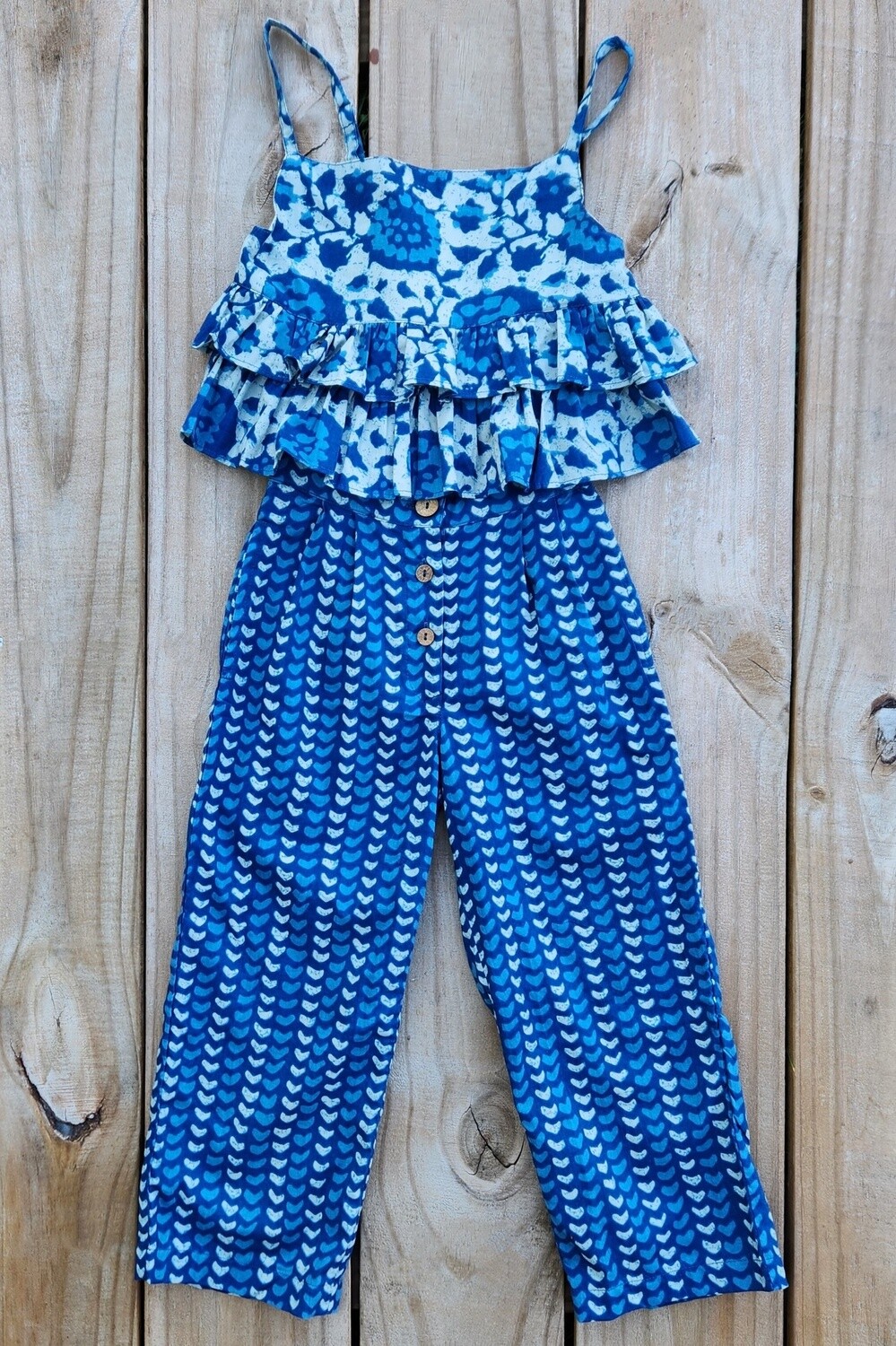 girl&#39;s indigo floral print top&amp;pants set