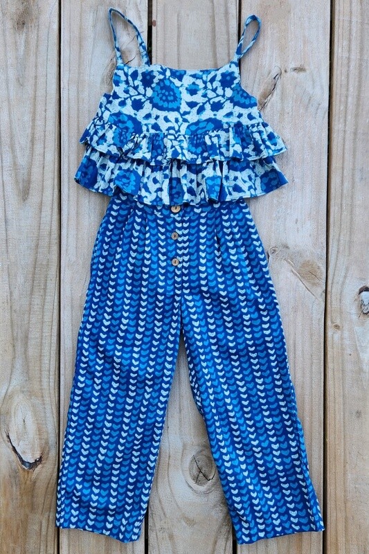 girl&#39;s indigo floral print top&amp;pants set