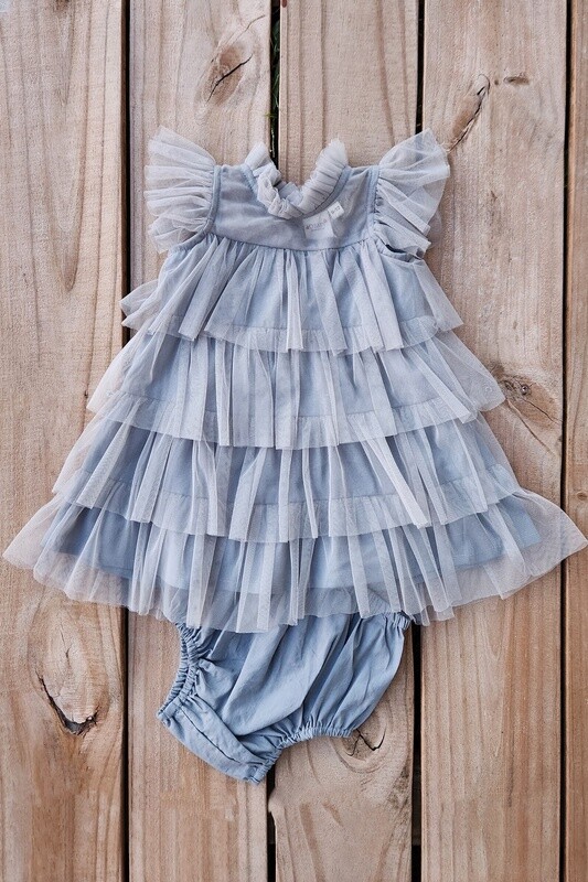 girl&#39;s grey tulle solid ruffled dress&amp;bloomer set