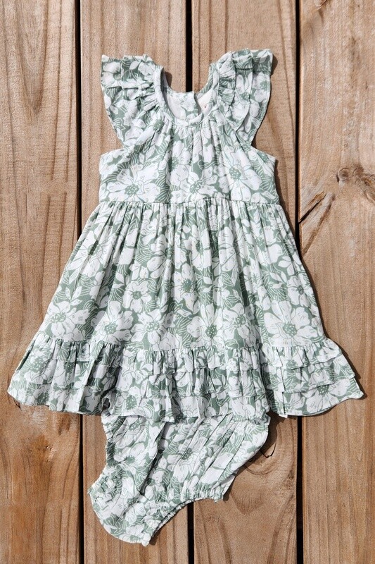 girl&#39;s sage floral dress&amp;bloomer set