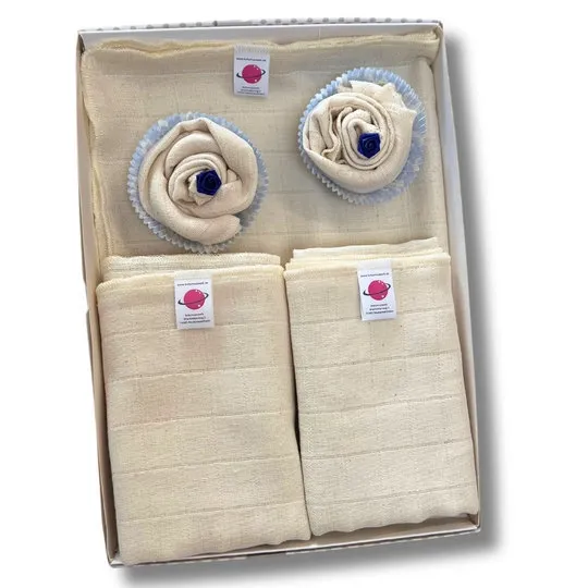 Mulltuch + Waschlappen Geschenk Set - Blau/Natur