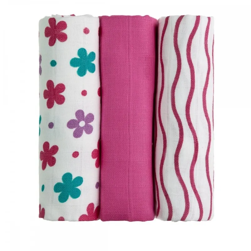 Mulltücher 3er Set - rosa Blumen Mulltücher 3er Set - rosa Blumen