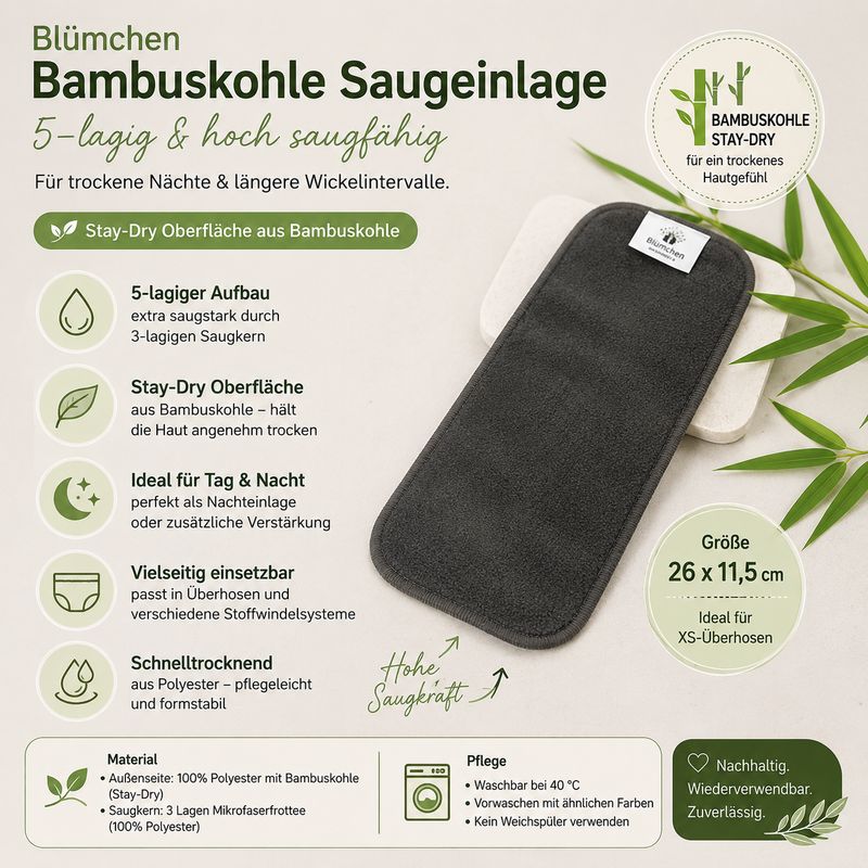 Blümchen Bambuskohle Saugeinlage | 5-lagig | Stay-Dry