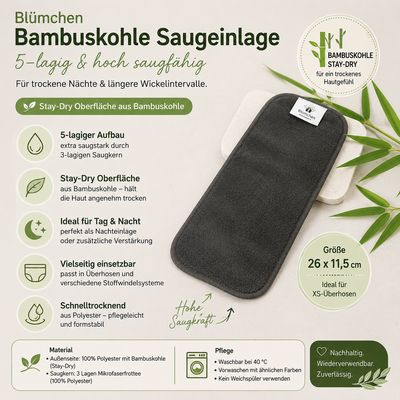 Blümchen Bambuskohle Saugeinlage | 5-lagig | Stay-Dry
