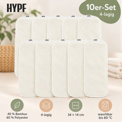 Zehn HYPF Bambusfrottee Saugeinlagen auf hellem Hintergrund mit Angaben zu vier Lagen, 34 × 14 cm, Material und Waschbarkeit