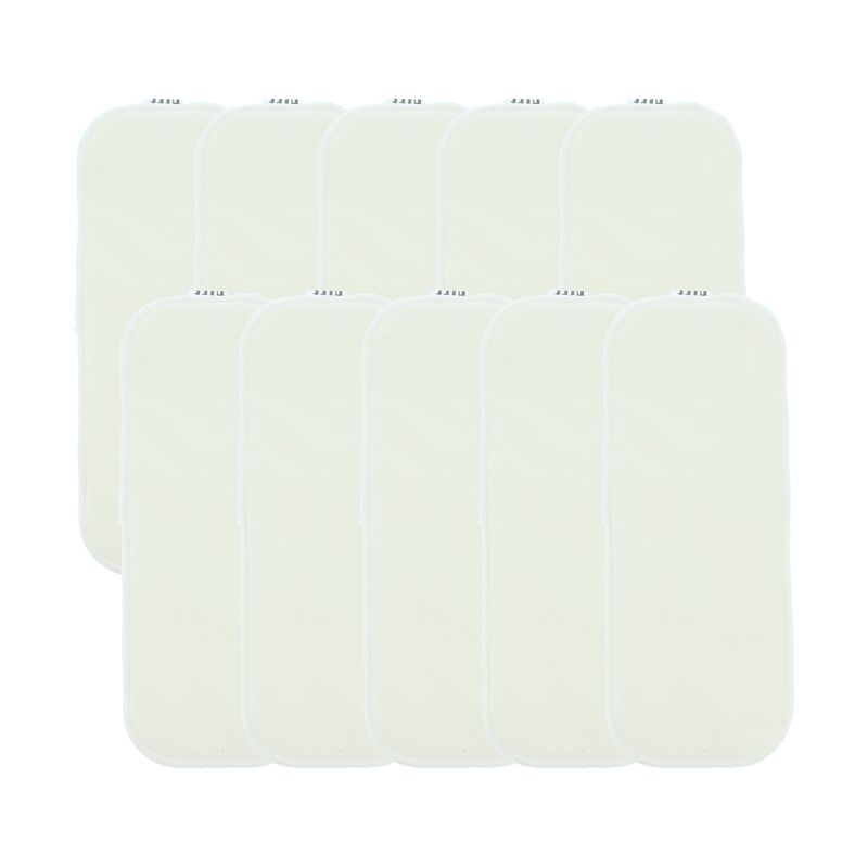 HYPF Bambusfrottee Saugeinlagen 10er-Set – 4-lagig Zehn weiße HYPF Bambusfrottee Saugeinlagen, 4-lagig, in zwei Reihen angeordnet.