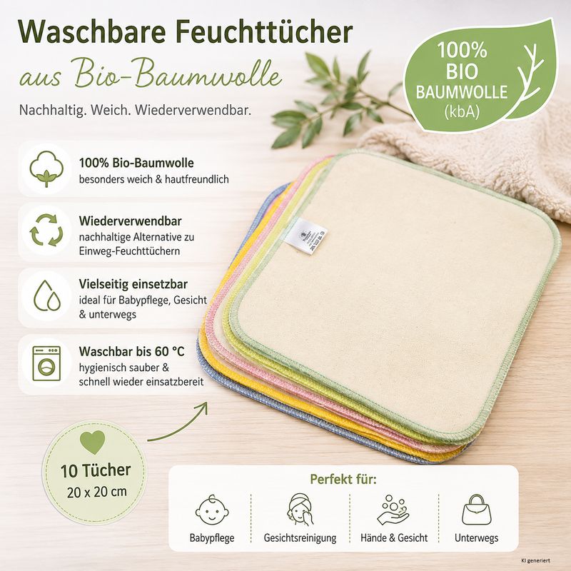 Waschbare Feuchttücher aus Bio-Baumwolle (10er Set) für Babypflege und Gesicht-USP