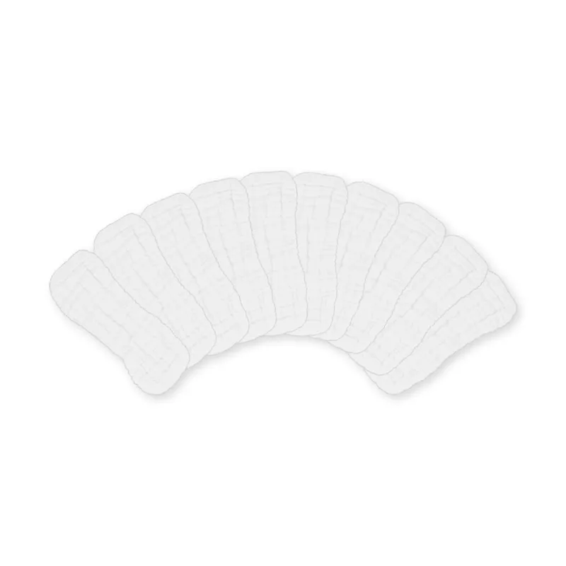 HYPF Musselin Saugeinlagen 10er-Set | 100 % Baumwolle Zehn weiße HYPF Musselin Saugeinlagen aus Baumwolle, 20-lagig, überlappend nebeneinander angeordnet.