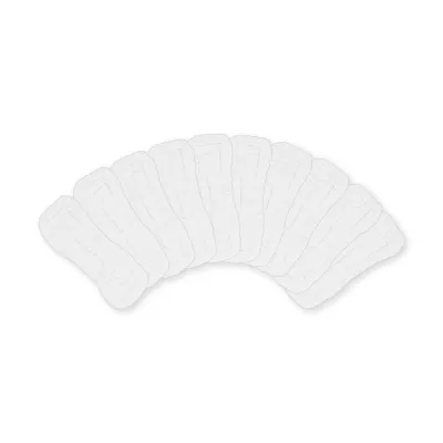 HYPF Musselin Saugeinlagen 10er-Set | 100 % Baumwolle Zehn weiße HYPF Musselin Saugeinlagen aus Baumwolle, 20-lagig, überlappend nebeneinander angeordnet.