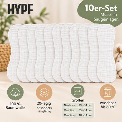 HYPF Musselin Saugeinlagen im 10er-Set mit Angaben zu 100 % Baumwolle, 20 Lagen und Waschbarkeit bis 60 °C.