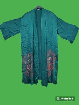Kimono, talla grande, satén, verde zafiro, dragón.
