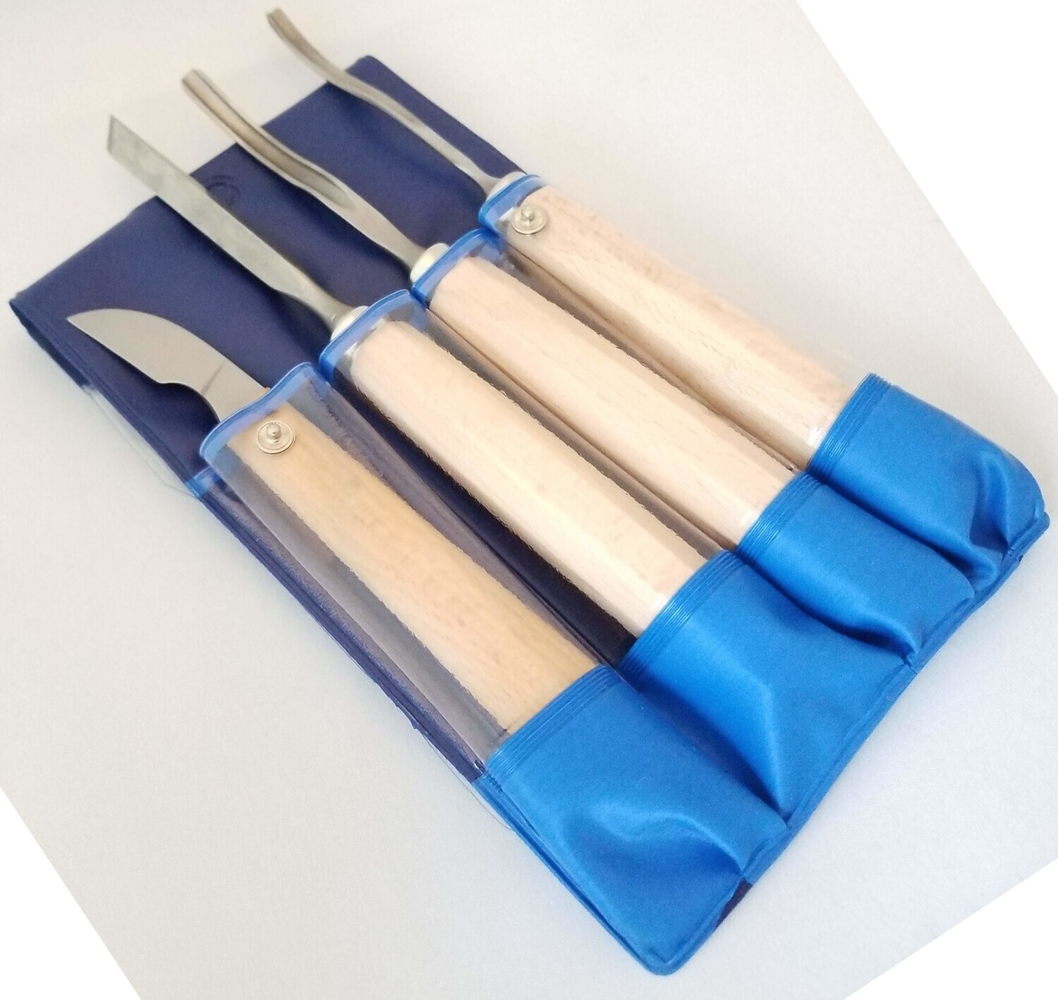 MHG Set of Wood Carving Chisels and knife in plastic pouch—contains: 1400.52, 1583.04, 1574.08, 1581.03