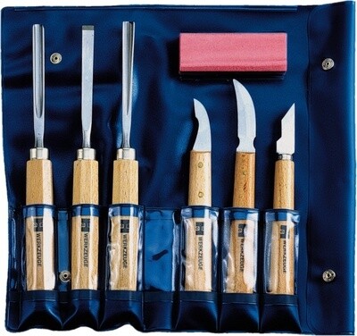 Deluxe Set of MHG Wood Carving Knives, Chisels and Whetstone in plastic pouch