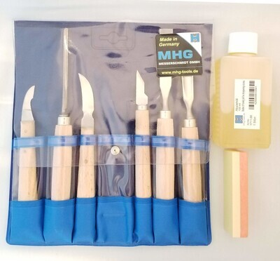 Deluxe Set of MHG Wood Carving Knives, Chisels, Whetstone, and Honing Oil in plastic pouch