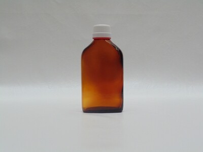 frasco plano vidrio topacio rosca PP28 250 ml con tapón inviolable blanco/rojo