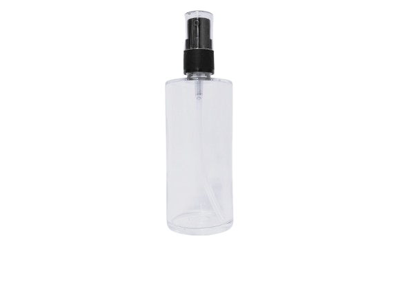 Frasco vidrio Minerva transparente 100 ml con dosificador negro.