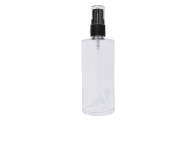 Frasco vidrio Minerva transparente 100 ml con dosificador negro.