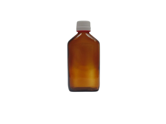 frasco plano vidrio topacio rosca PP28 225 ml con tapón inviolable blanco/rojo