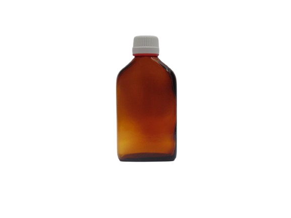 frasco plano vidrio topacio rosca PP28 250 ml con tapón inviolable blanco/rojo