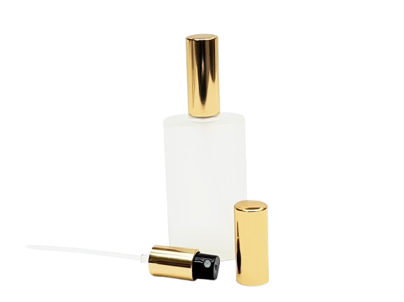 Frasco &quot;Oval&quot; 50 ml matizado con atomizador metalizado oro