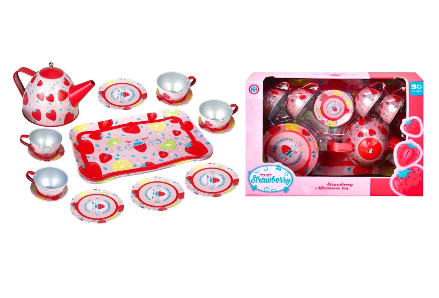 METAL TEA SET IN STRAWBERRY PATTERN IN OPEN BOX