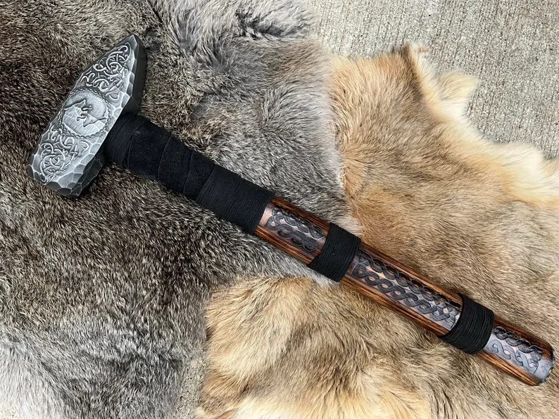 Viking Wolf Mjolnir Hammer- Hand Engraved