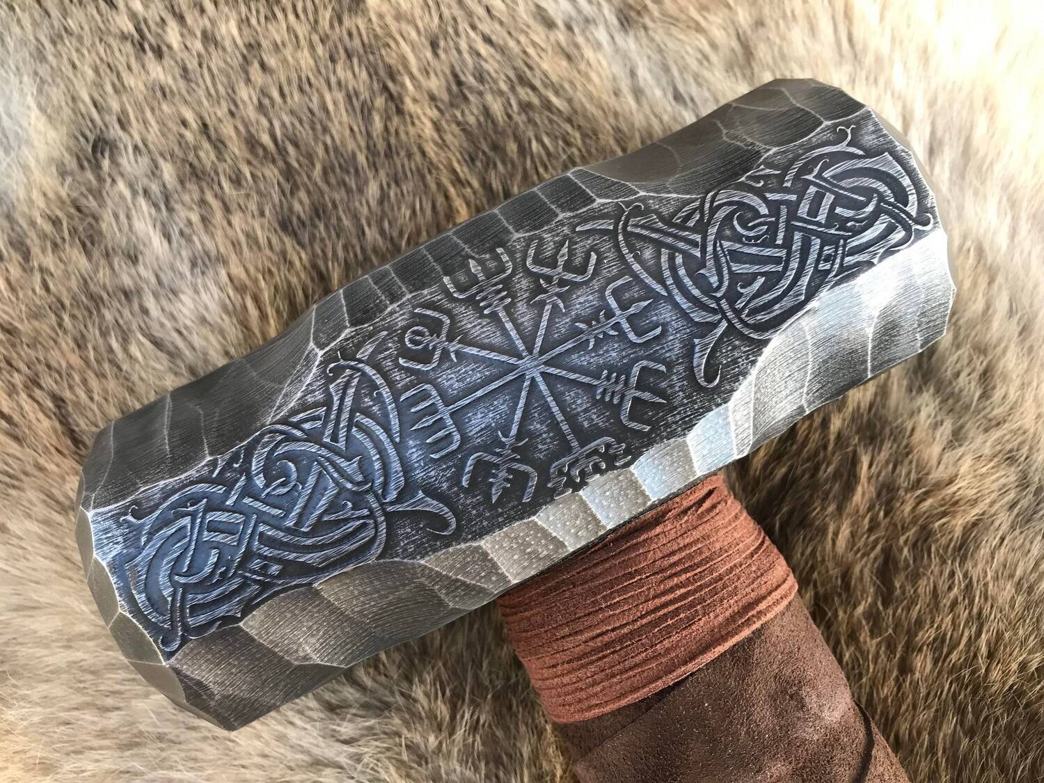 Large Viking Vegvisir Berserker Hammer Hand Engraved Burned and Carved