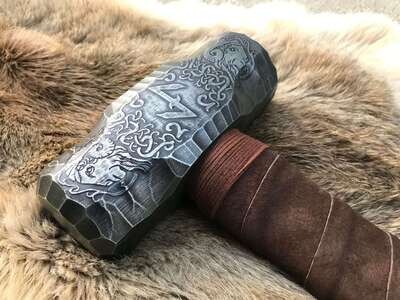 Large Viking Ram Berserker Hammer Hand Engraved Burned and Carved